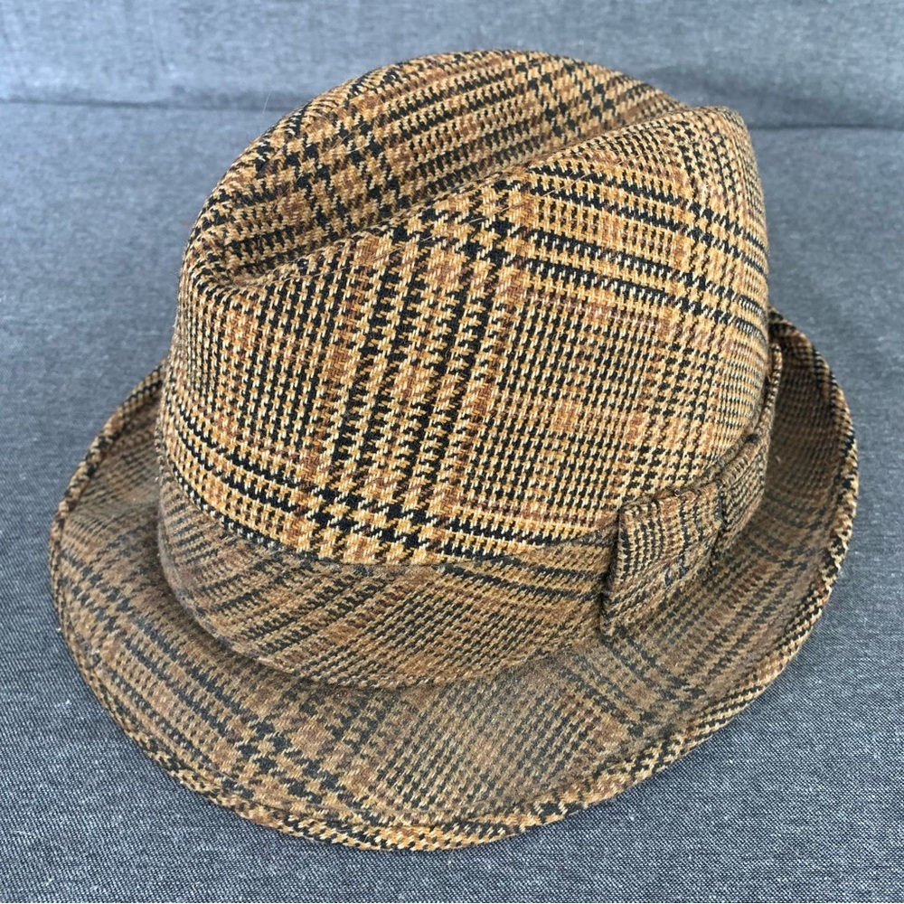 Vintage Wool Trilby Style Fedora Hat Houndstooth Check Mens Size 7 1/8 Manstyle